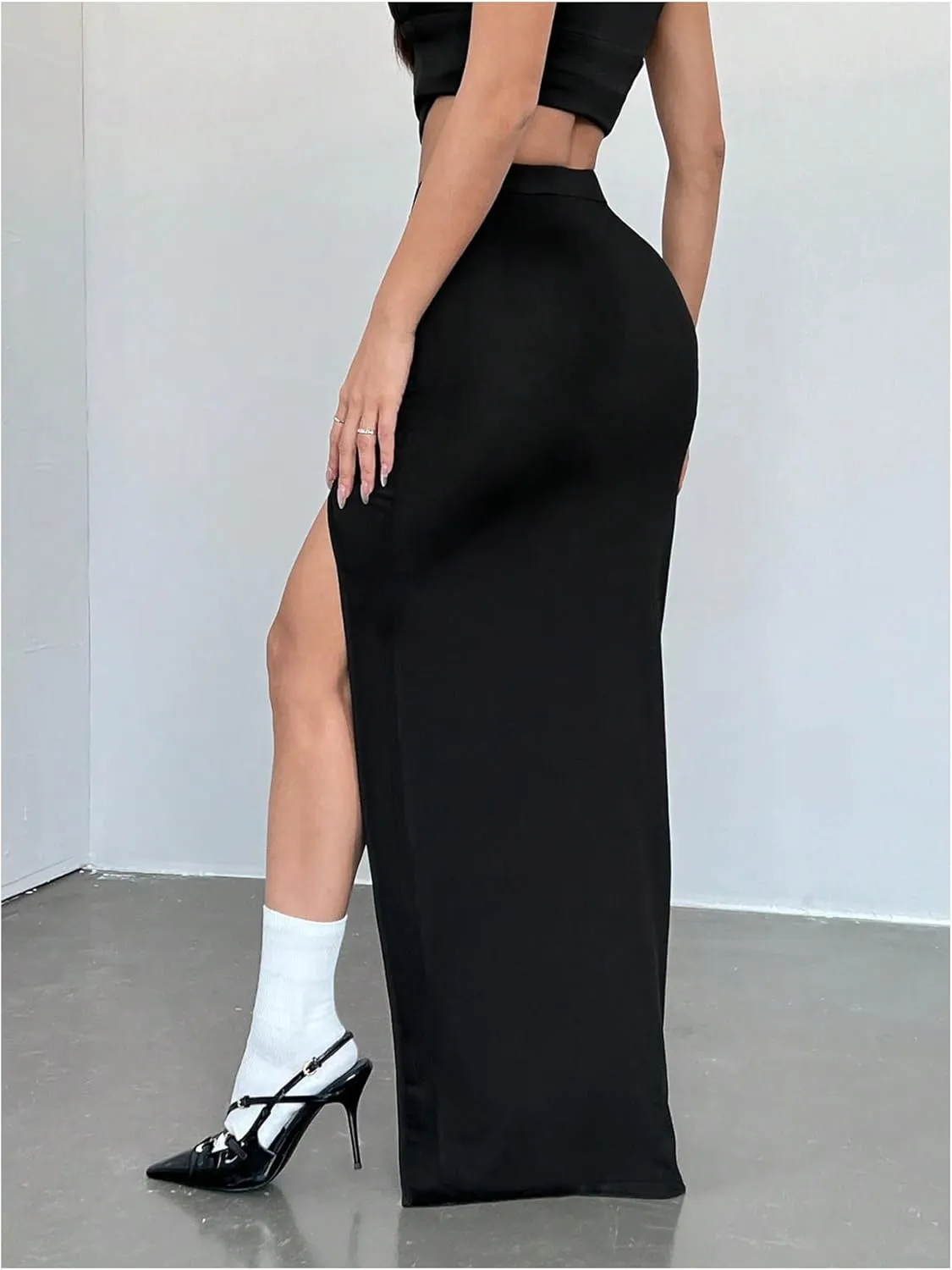 Women's Y2K Split Thigh Maxi Skirt Sexy High Waisted Ruched Bodycon Long Skirts