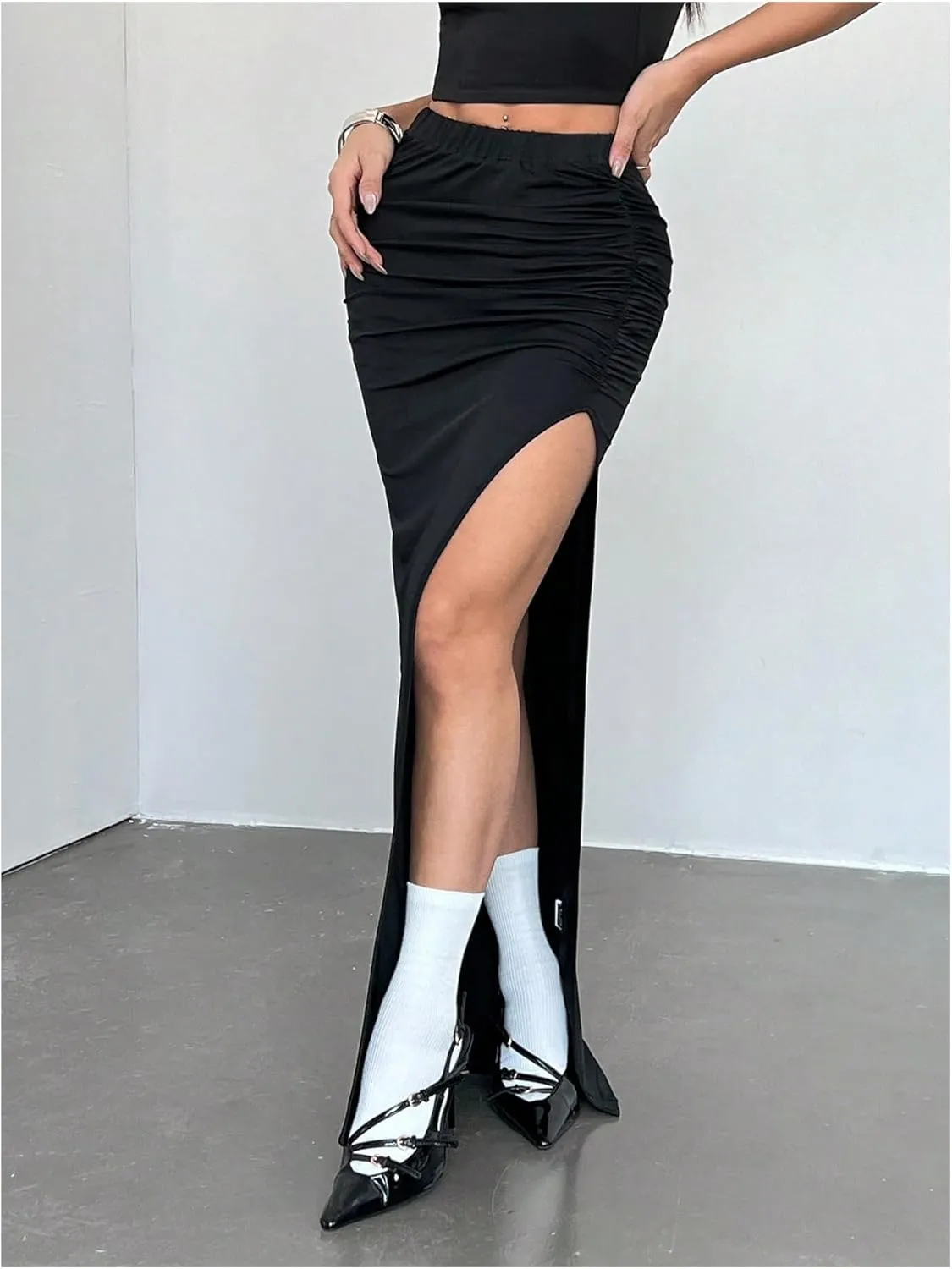 Women's Y2K Split Thigh Maxi Skirt Sexy High Waisted Ruched Bodycon Long Skirts