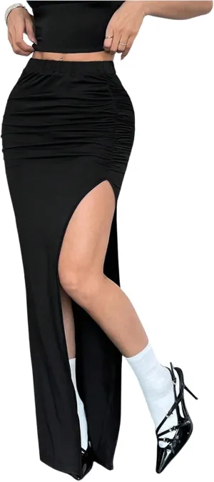 Women's Y2K Split Thigh Maxi Skirt Sexy High Waisted Ruched Bodycon Long Skirts
