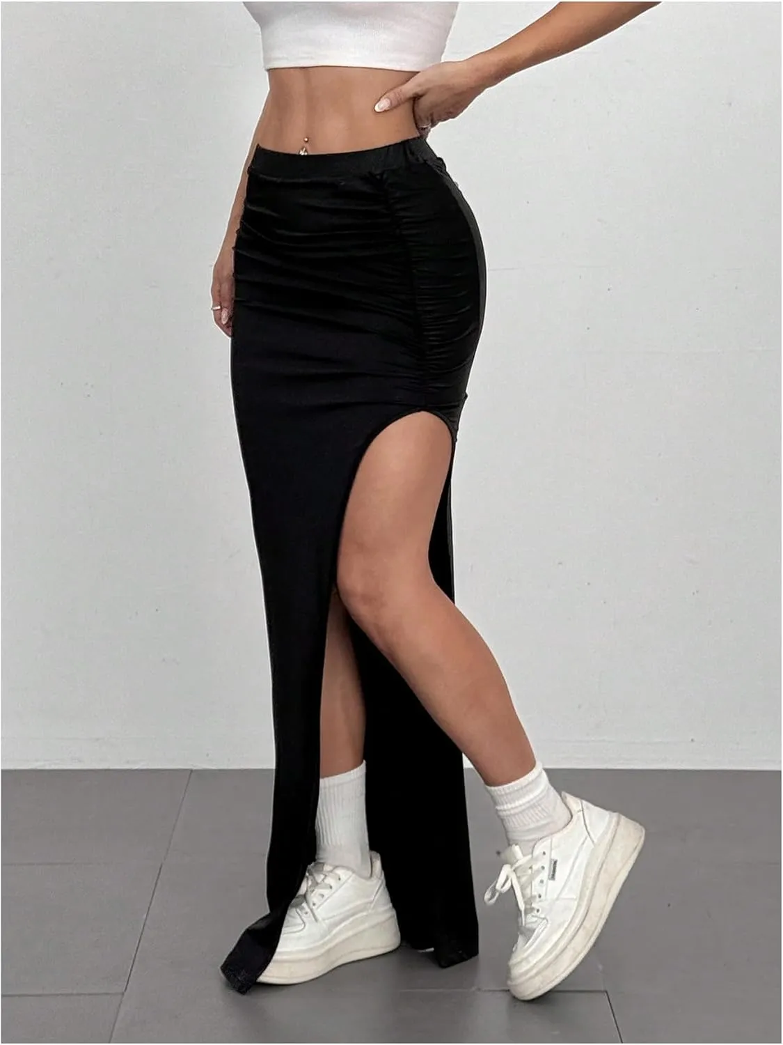Women's Y2K Split Thigh Maxi Skirt Sexy High Waisted Ruched Bodycon Long Skirts