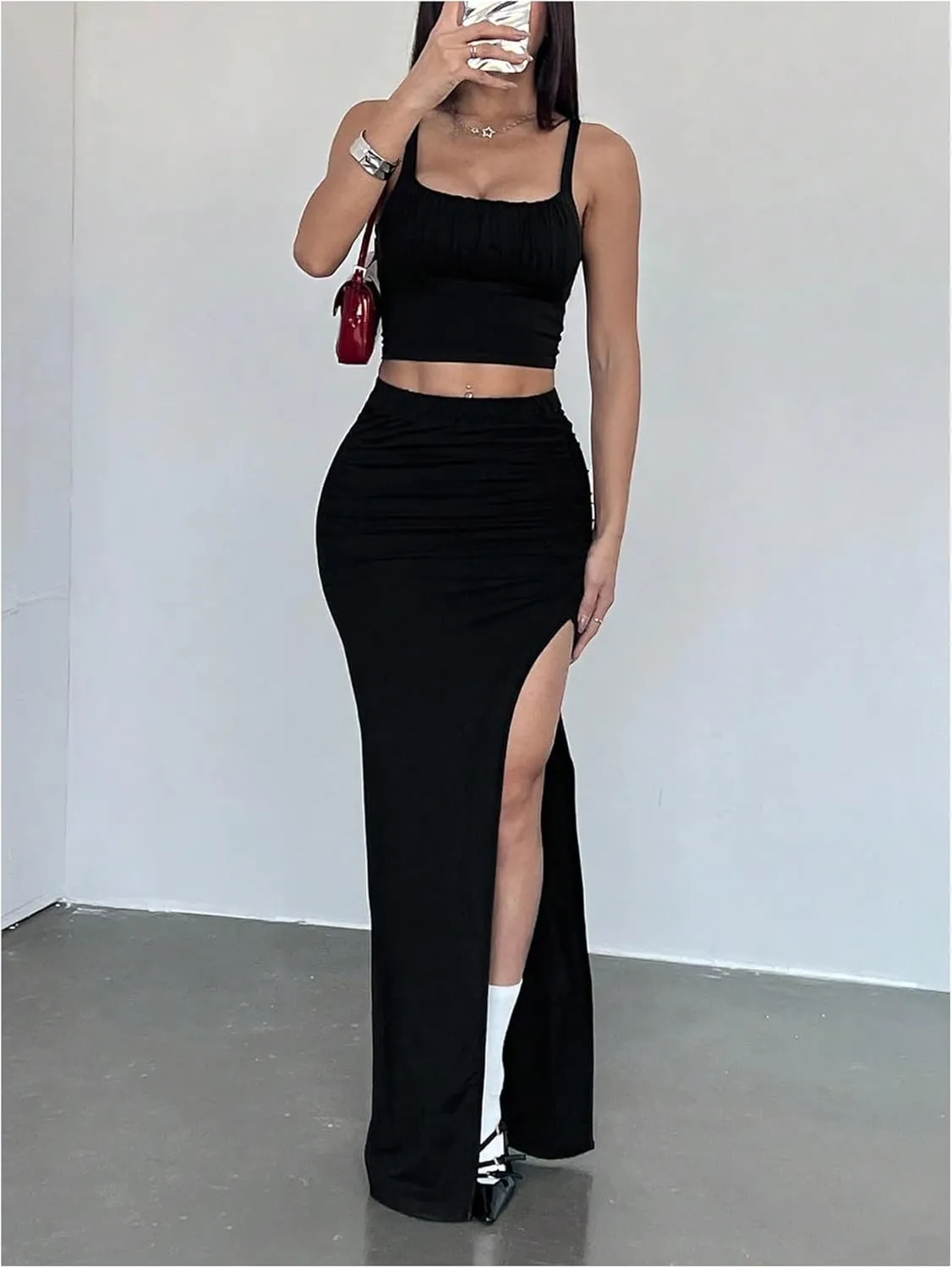 Women's Y2K Split Thigh Maxi Skirt Sexy High Waisted Ruched Bodycon Long Skirts