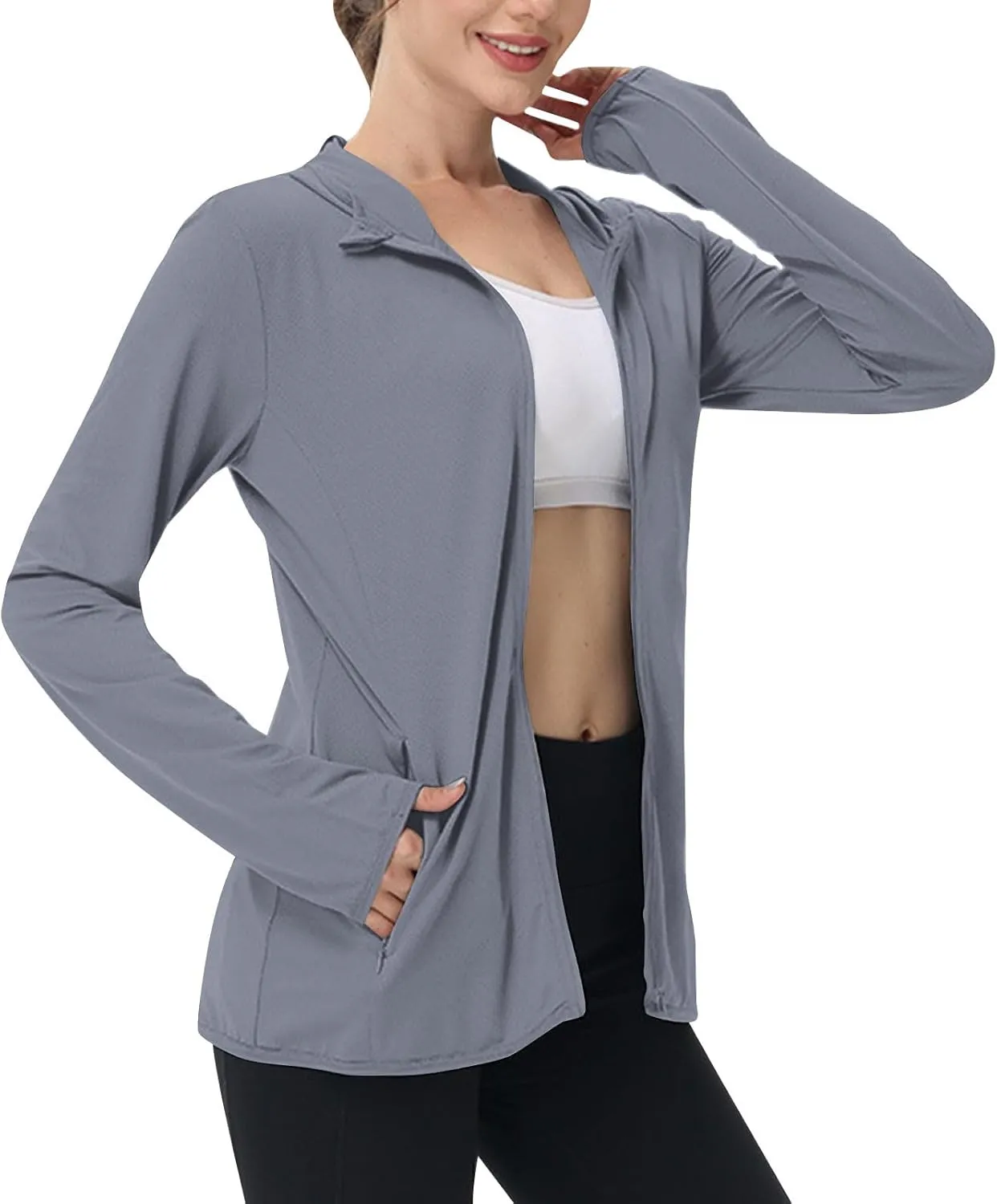 Womens Zip Up Hoodie Sun Protection Long Shirt Plus Size Oversized Ribbed Breathable Jacket with Pocket Hiking Outdoor