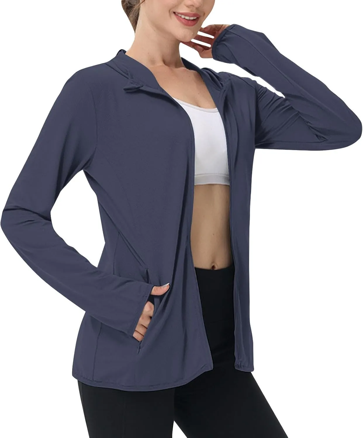 Womens Zip Up Hoodie Sun Protection Long Shirt Plus Size Oversized Ribbed Breathable Jacket with Pocket Hiking Outdoor