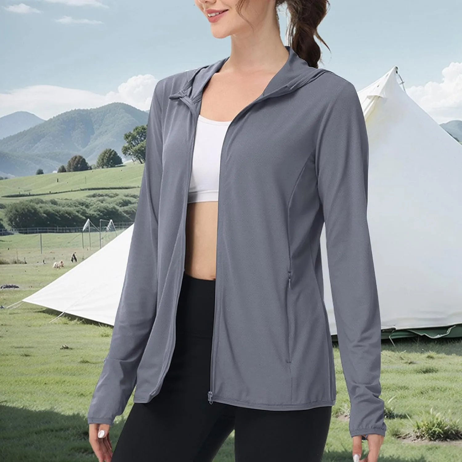 Womens Zip Up Hoodie Sun Protection Long Shirt Plus Size Oversized Ribbed Breathable Jacket with Pocket Hiking Outdoor