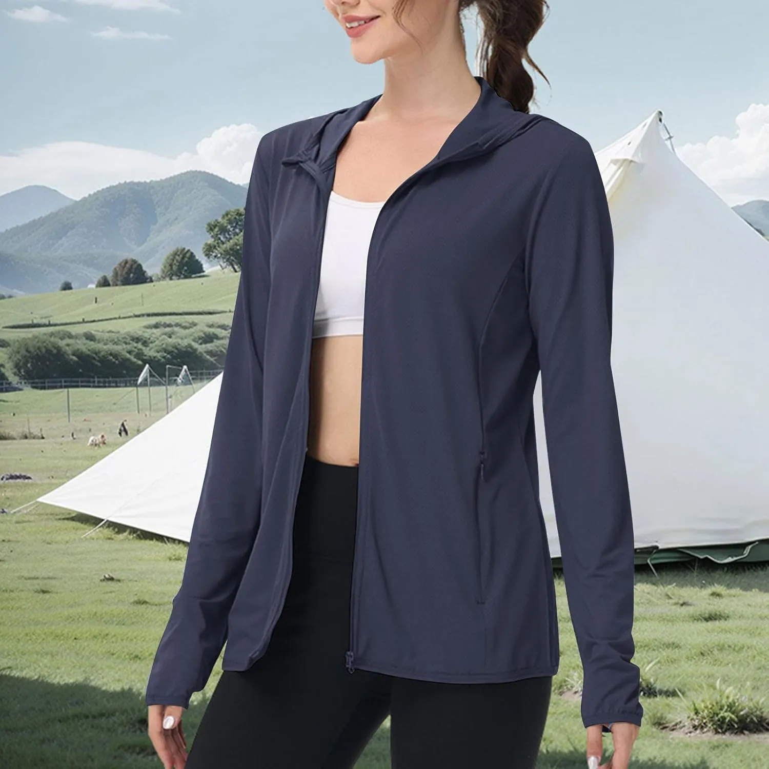 Womens Zip Up Hoodie Sun Protection Long Shirt Plus Size Oversized Ribbed Breathable Jacket with Pocket Hiking Outdoor