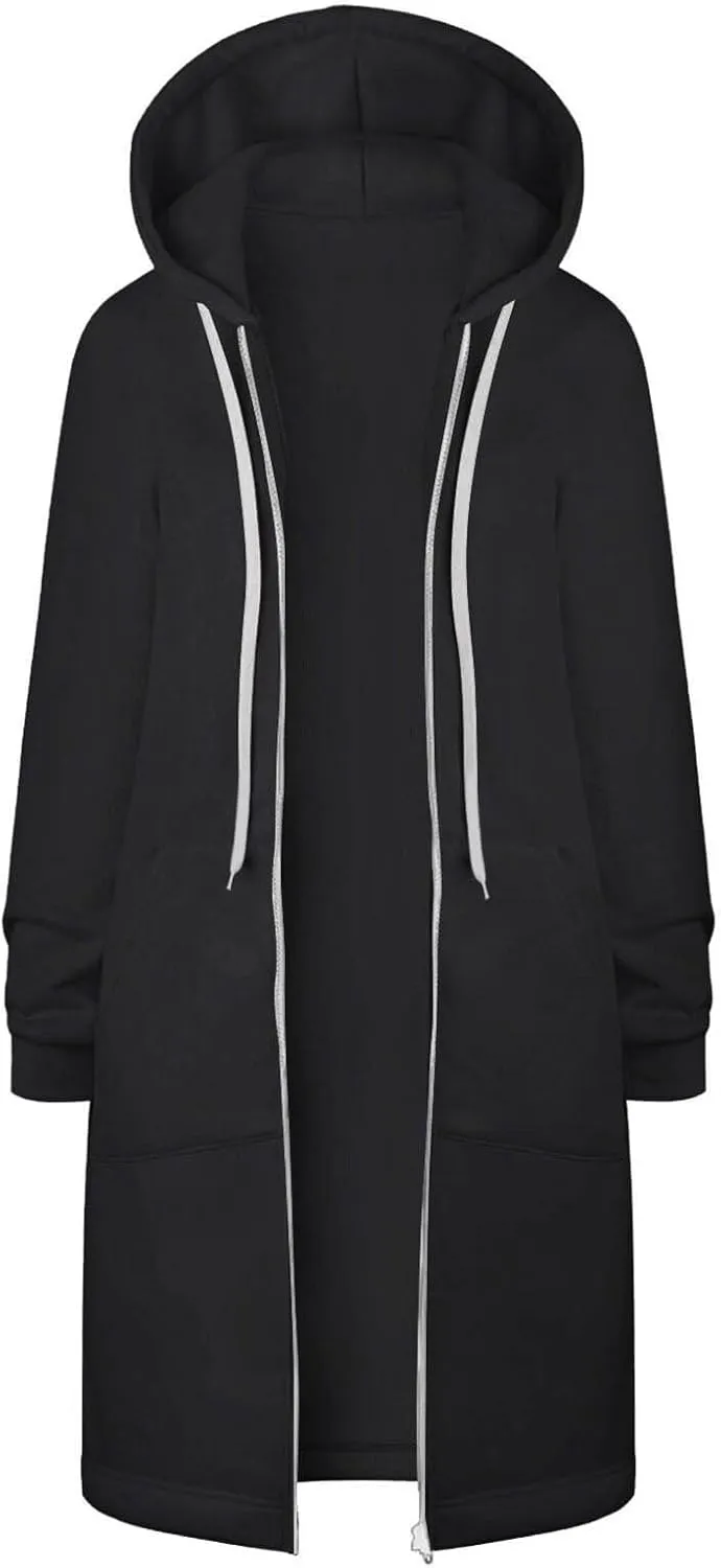 Womens Zip Up Hoodies Long Sleeve Fall Hooded Lightweight Knee Length Tunic Sweatshirt Comfy Oversized Jackets With Pockets