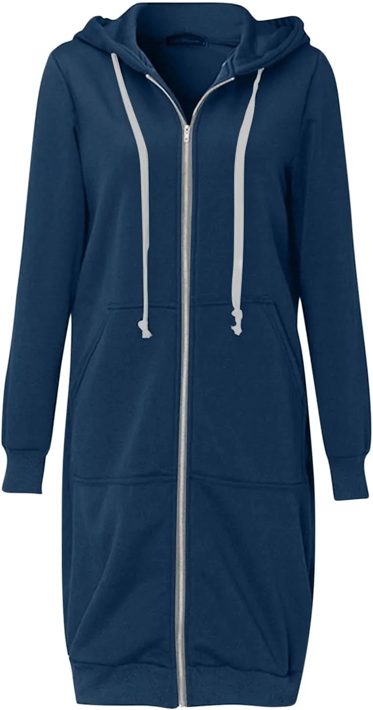 Womens Zip Up Hoodies Long Sleeve Fall Hooded Lightweight Knee Length Tunic Sweatshirt Comfy Oversized Jackets With Pockets