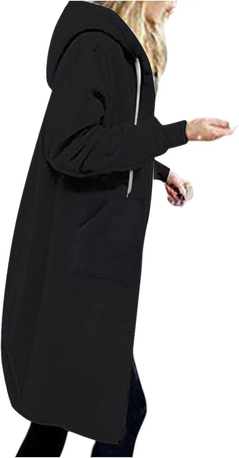 Womens Zip Up Hoodies Long Sleeve Fall Hooded Lightweight Knee Length Tunic Sweatshirt Comfy Oversized Jackets With Pockets
