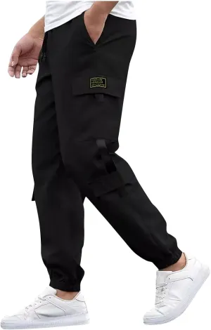 Xiaojmake Mens Casual Cotton Joggers Drawstring Chino Cargo Pants Twill Track Jogging Sweatpants Outdoor Hiking Running Pants