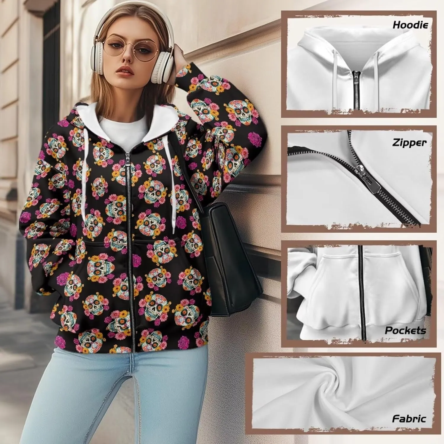Xoenoiee Women Oversized Hoodies Full Zip Sweatshirts Soft Hooded Jacket with Pocket Fall Winter Long Sleeve Y2K Hoodie
