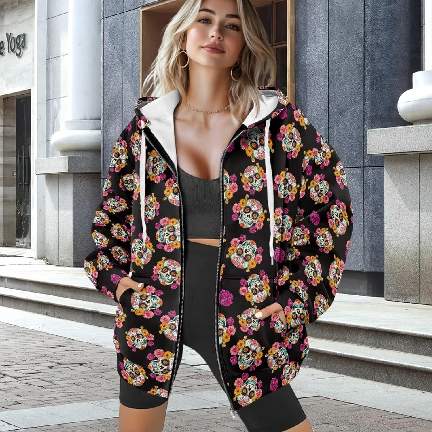 Xoenoiee Women Oversized Hoodies Full Zip Sweatshirts Soft Hooded Jacket with Pocket Fall Winter Long Sleeve Y2K Hoodie