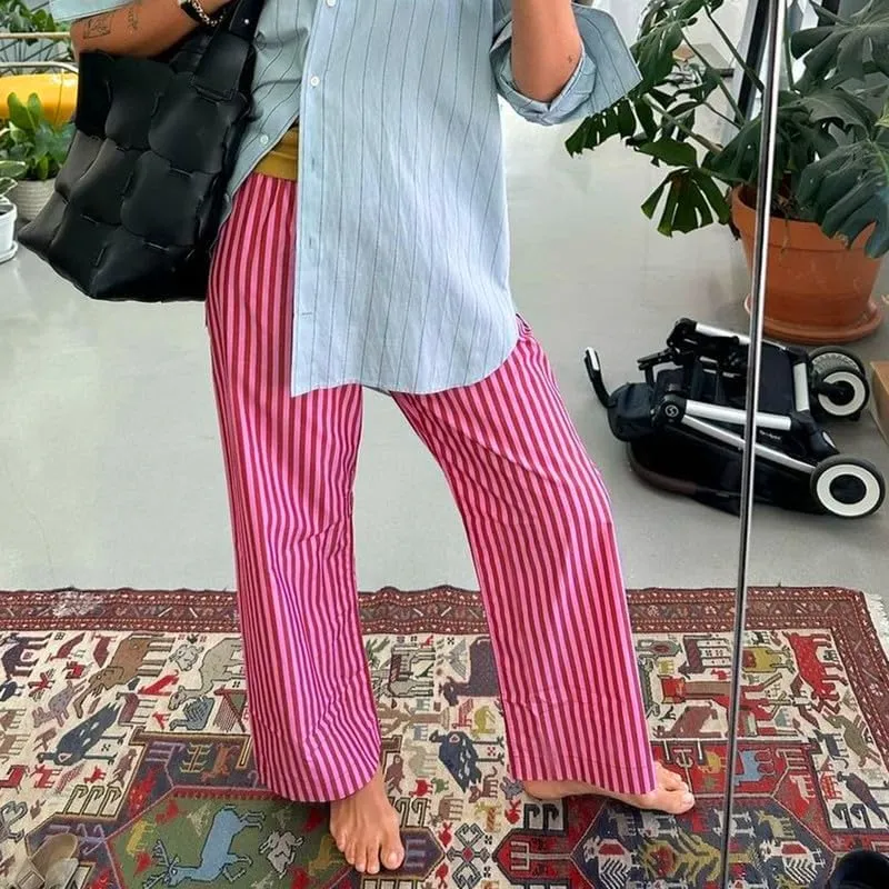 Y2k Striped Pants for Women Striped Pajama Pants Wide Leg Lounge Pants High Waist Drawstring Vintage Trousers