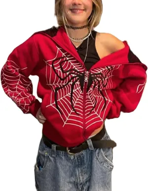 Y2k Zip Up Spider Graphic Hoodie Halloween Rhinestone Oversized Hoodies Goth Grunge Jacket Streetwear Sweatshirt