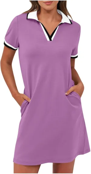 yardsong Golf Dresses for Women Tennis Workout Mini Dress Summer Casual Short Sleeve Collared V Neck Shirt Dress with Pockets