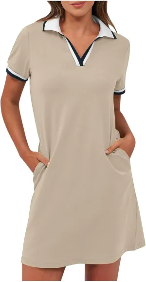 yardsong Golf Dresses for Women Tennis Workout Mini Dress Summer Casual Short Sleeve Collared V Neck Shirt Dress with Pockets