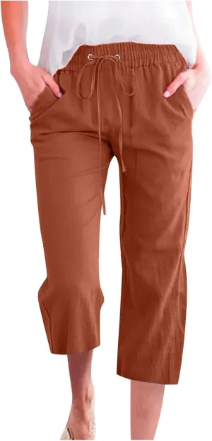 yardsong Linen Capris for Women Summer Casual Loose Fit Cropped Pants Drawstring Elastic Waist Lounge Pant with Pockets