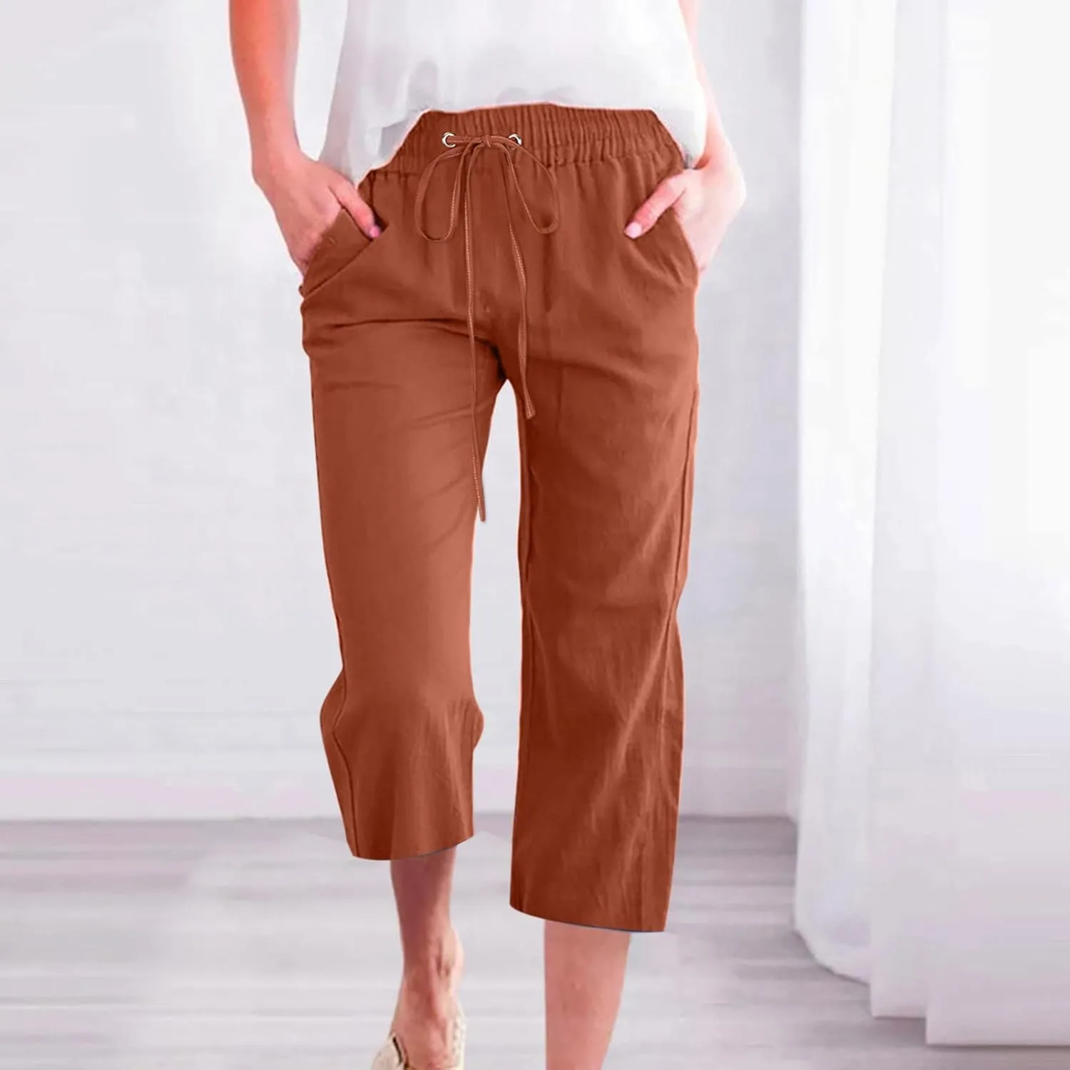 yardsong Linen Capris for Women Summer Casual Loose Fit Cropped Pants Drawstring Elastic Waist Lounge Pant with Pockets