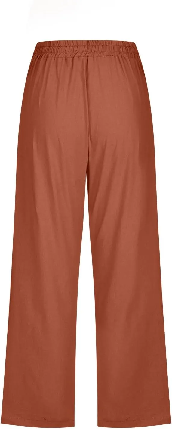yardsong Linen Capris for Women Summer Casual Loose Fit Cropped Pants Drawstring Elastic Waist Lounge Pant with Pockets