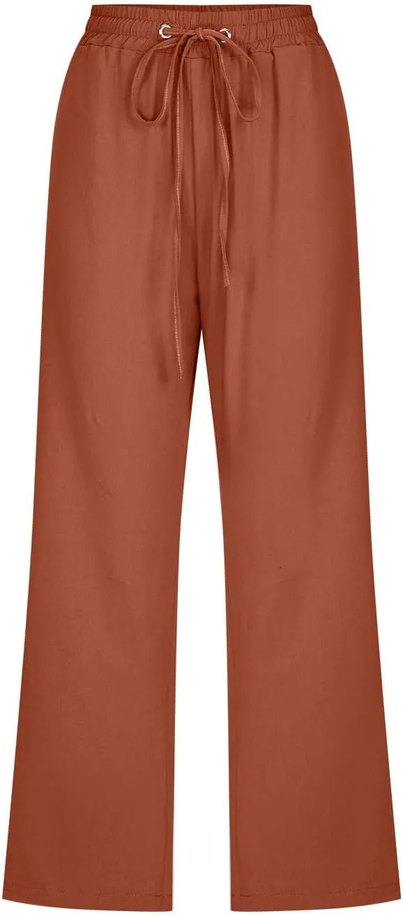 yardsong Linen Capris for Women Summer Casual Loose Fit Cropped Pants Drawstring Elastic Waist Lounge Pant with Pockets