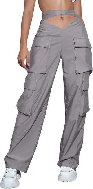 YOLAI Woman V Crosseed Baggy Cargo Pant Streetwear Hip Hop Overalls Trousers High Waist Joggers Sweatpants with Pockets (Grey, S)