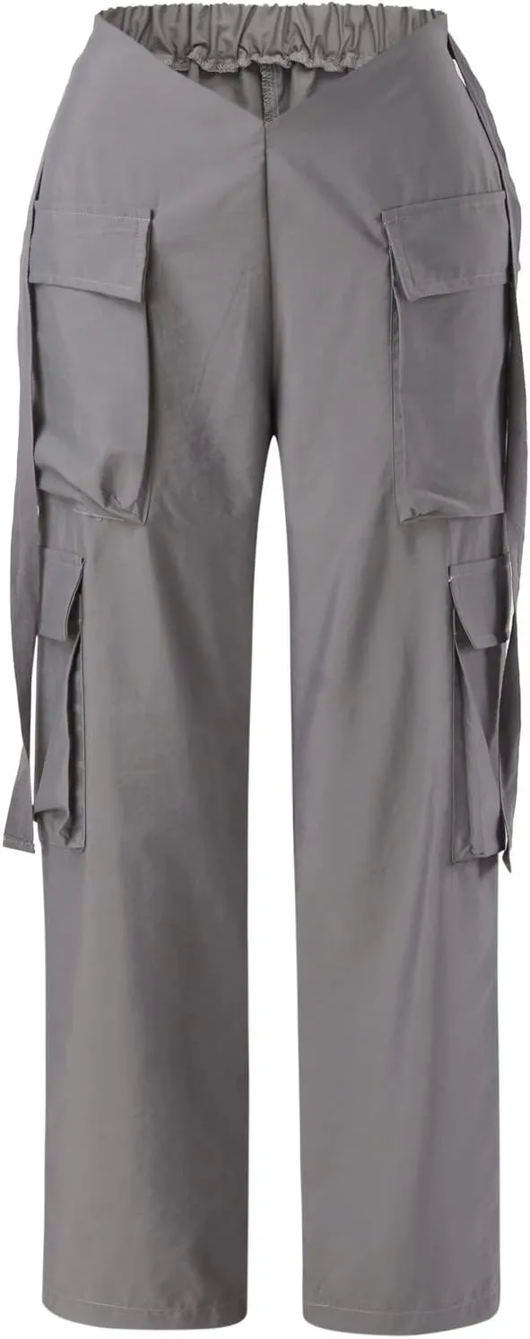 YOLAI Woman V Crosseed Baggy Cargo Pant Streetwear Hip Hop Overalls Trousers High Waist Joggers Sweatpants with Pockets (Grey, S)