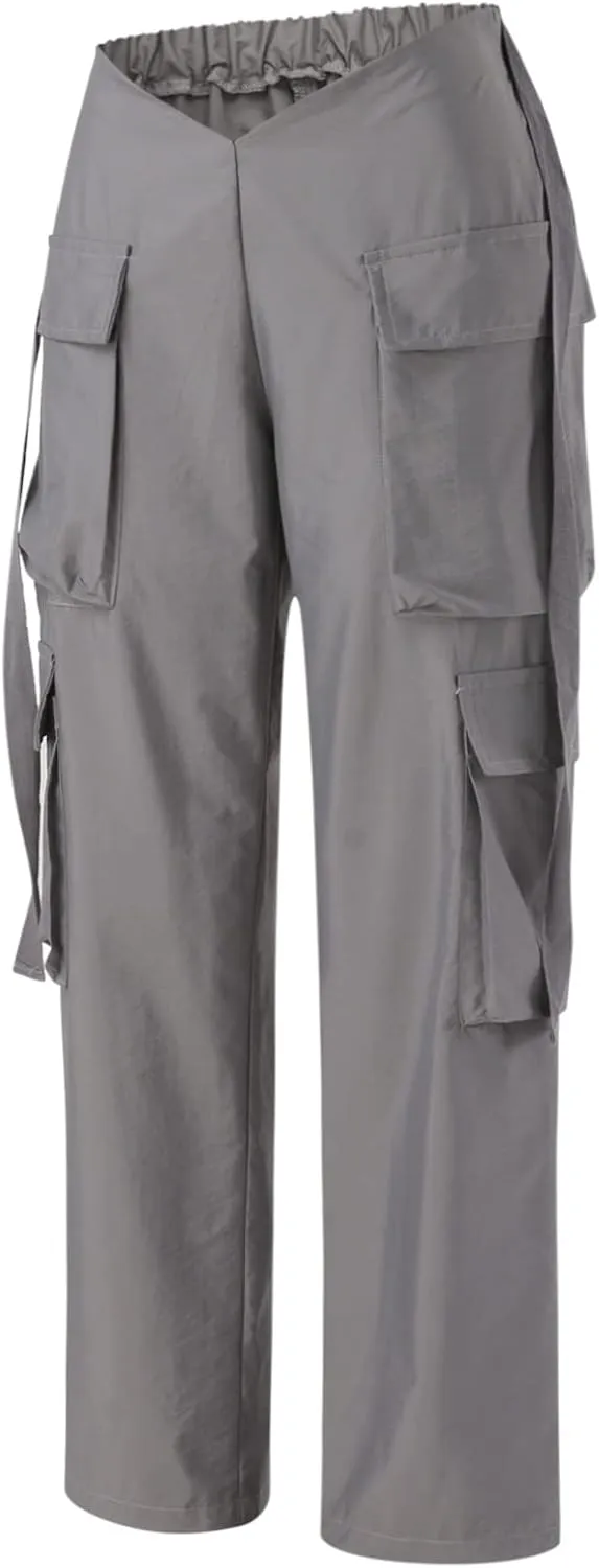 YOLAI Woman V Crosseed Baggy Cargo Pant Streetwear Hip Hop Overalls Trousers High Waist Joggers Sweatpants with Pockets (Grey, S)