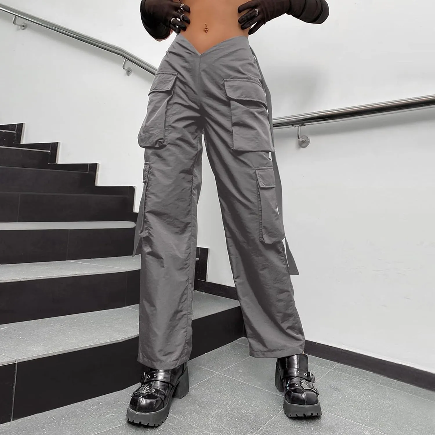 YOLAI Woman V Crosseed Baggy Cargo Pant Streetwear Hip Hop Overalls Trousers High Waist Joggers Sweatpants with Pockets (Grey, S)