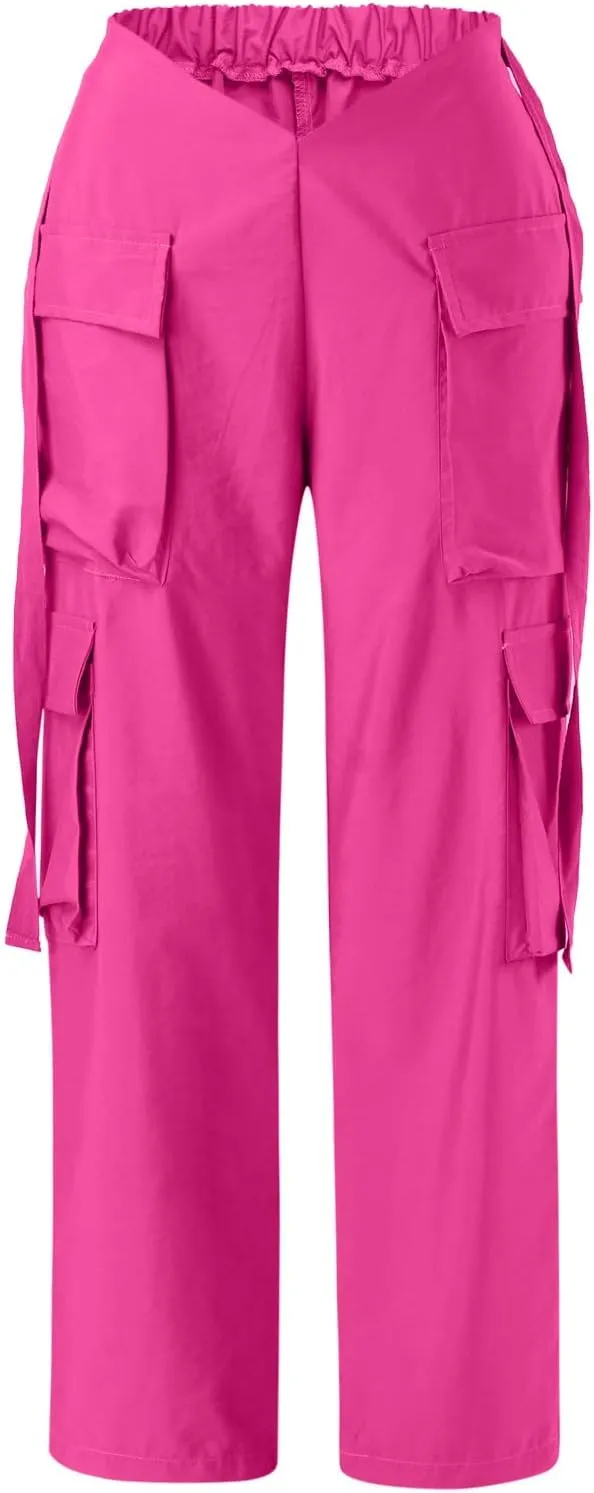 YOLAI Woman V Crosseed Baggy Cargo Pant Streetwear Hip Hop Overalls Trousers High Waist Joggers Sweatpants with Pockets (Hot Pink, S)