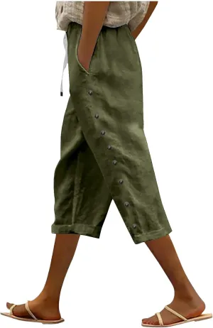 YRAETENM Linen Capris for Women Sumemr Drawstring High Waist Straight Leg Trousers Comfy Side Button Capri Pants with Pockets