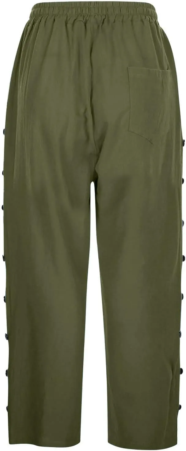 YRAETENM Linen Capris for Women Sumemr Drawstring High Waist Straight Leg Trousers Comfy Side Button Capri Pants with Pockets
