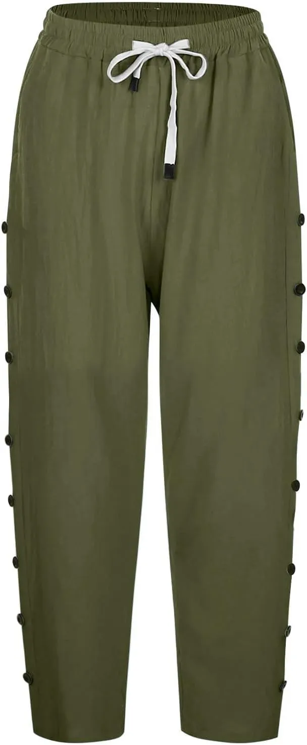 YRAETENM Linen Capris for Women Sumemr Drawstring High Waist Straight Leg Trousers Comfy Side Button Capri Pants with Pockets