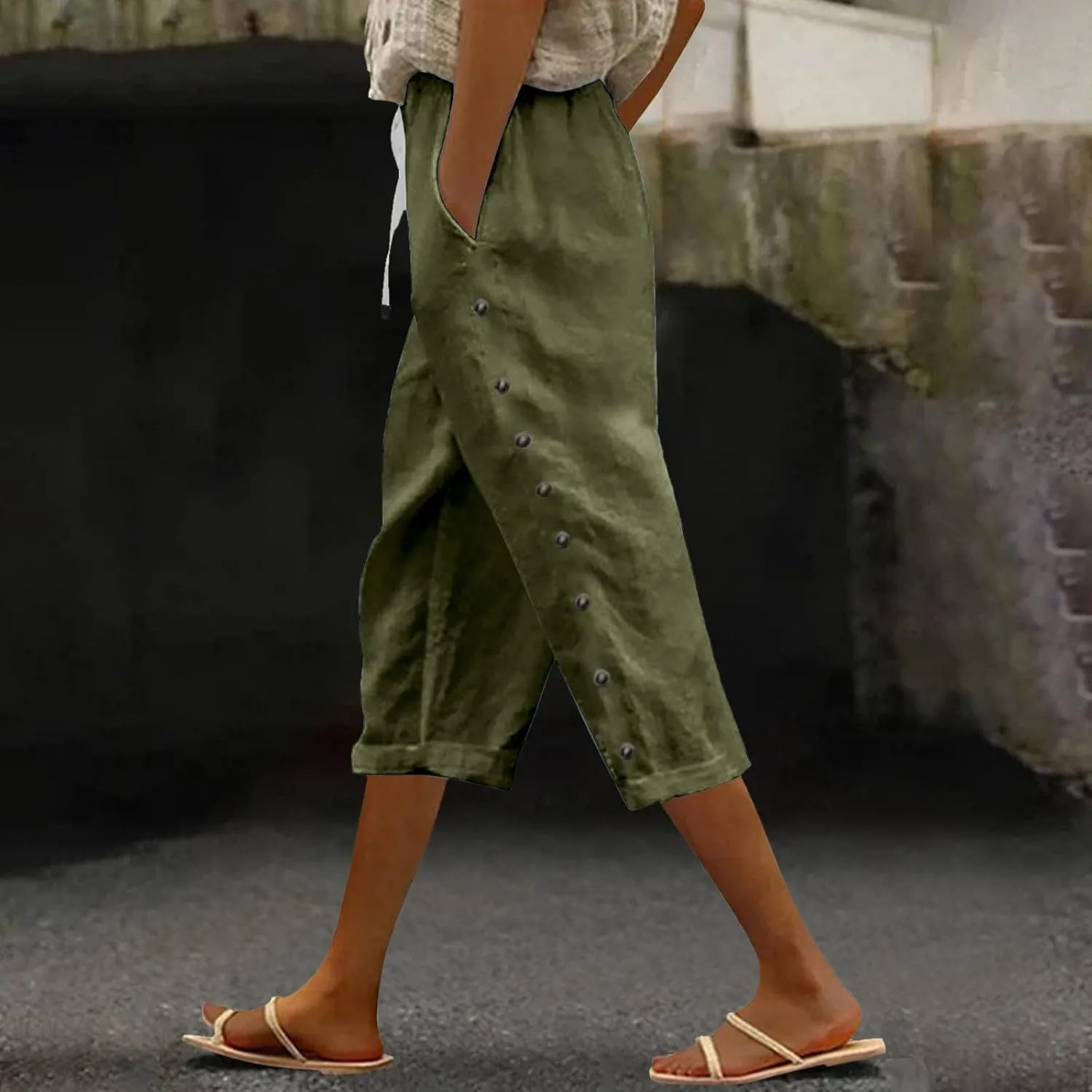 YRAETENM Linen Capris for Women Sumemr Drawstring High Waist Straight Leg Trousers Comfy Side Button Capri Pants with Pockets