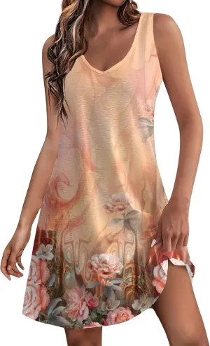 YUTANRAL Summer Dresses for Women 2024 Vacation Trendy Floral Boho Mini Dress Sleeveless Casual Beach Sundresses Cover Ups