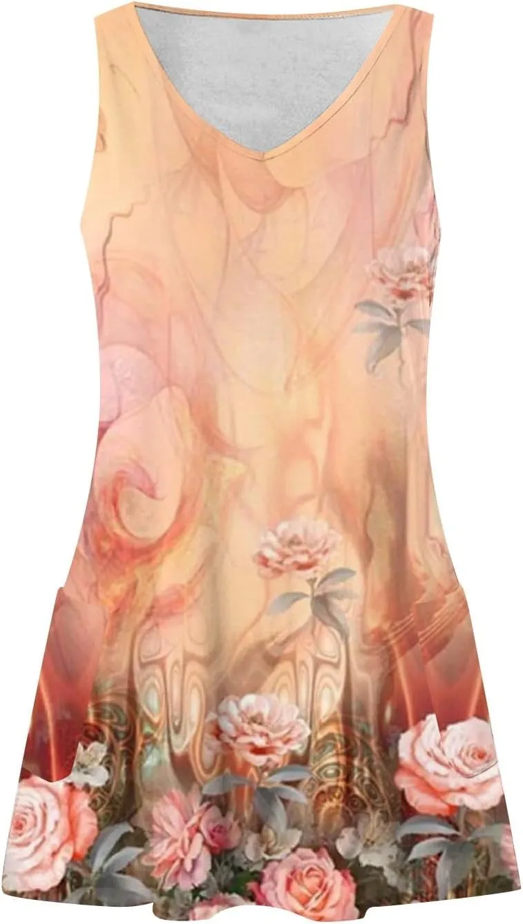YUTANRAL Summer Dresses for Women 2024 Vacation Trendy Floral Boho Mini Dress Sleeveless Casual Beach Sundresses Cover Ups