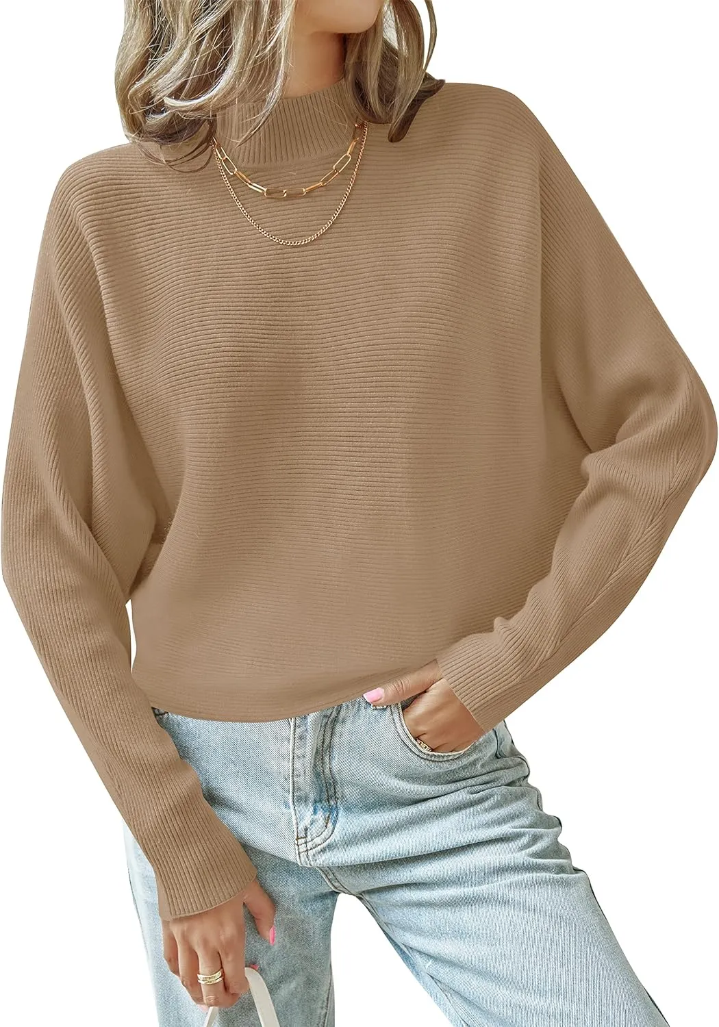 ZESICA Women's Fall Turtleneck Batwing Long Sleeve Ribbed Knit Casual Soft Pullover Sweater Jumper Top