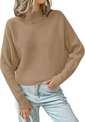 ZESICA Women's Fall Turtleneck Batwing Long Sleeve Ribbed Knit Casual Soft Pullover Sweater Jumper Top