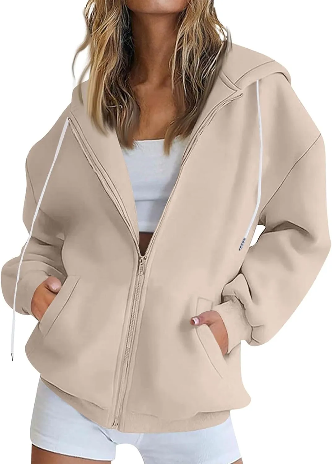Zip Up Hoodie Women Fleece Oversized Sweatshirt Hoodies Casual Drawstring Hooded Sports Sweat Jackets with Pockets