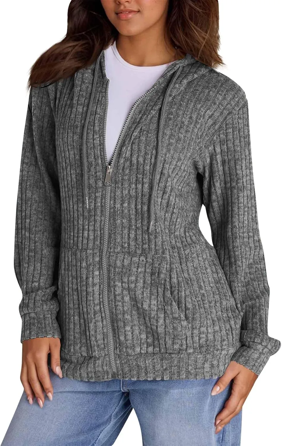 Zip Up Hoodie Women Oversized Zip Up Sweaters Casual Drawstring Lightweight Knit Athletic Zip Up Jackets with Pockets