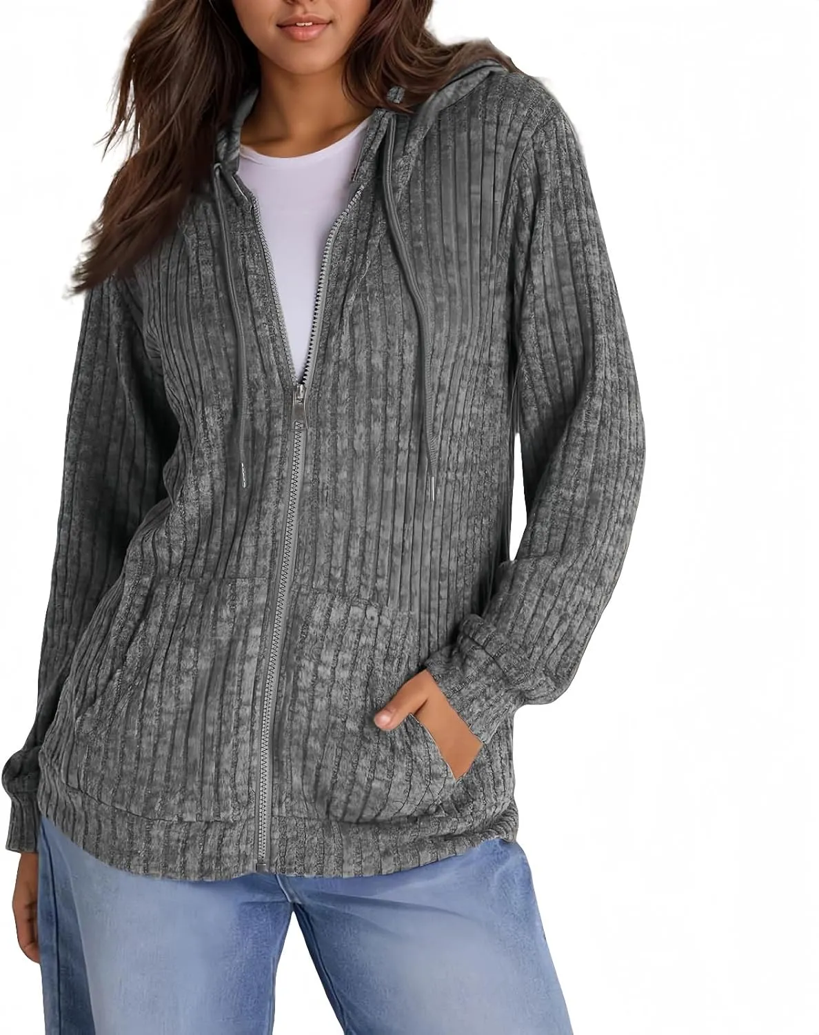 Zip Up Hoodie Women Oversized Zip Up Sweaters Casual Drawstring Lightweight Knit Athletic Zip Up Jackets with Pockets
