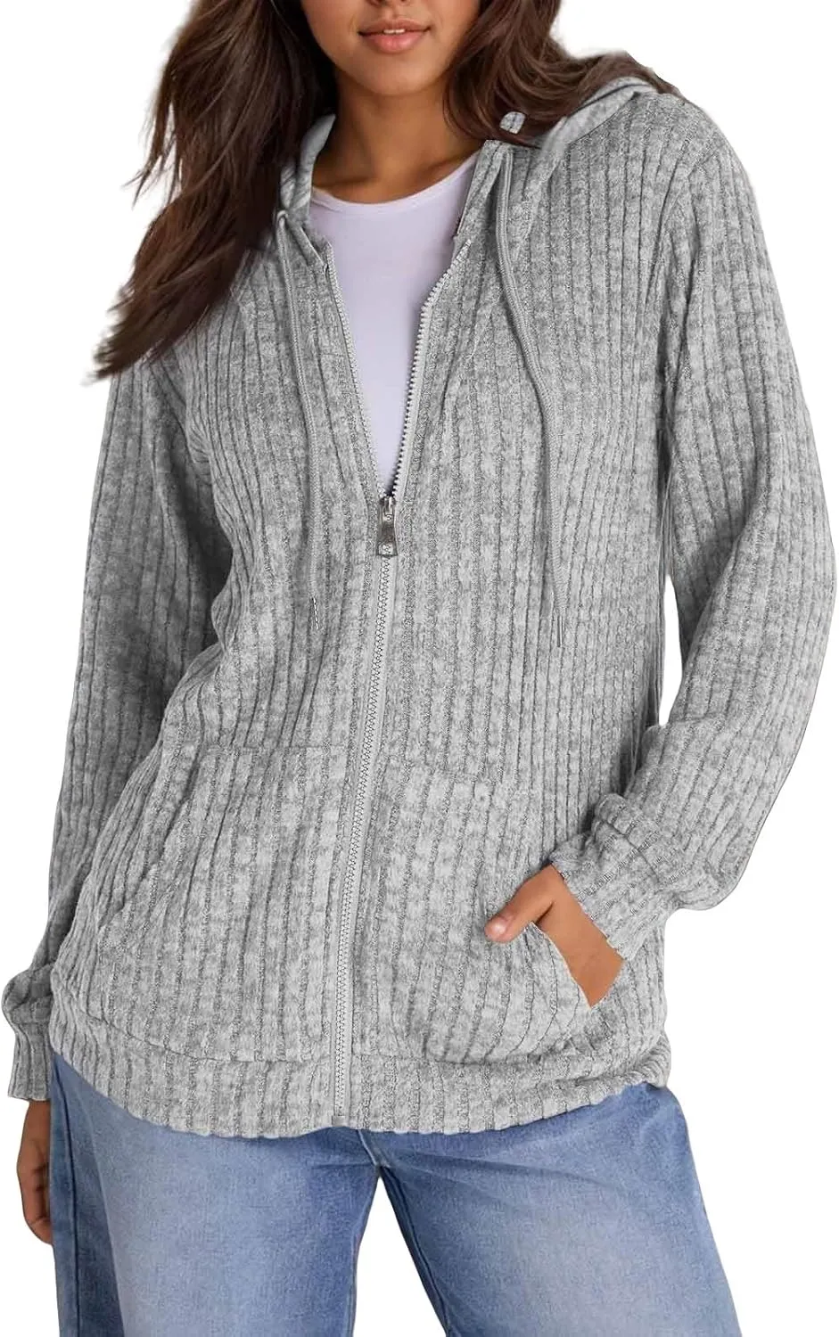 Zip Up Hoodie Women Oversized Zip Up Sweaters Casual Drawstring Lightweight Knit Athletic Zip Up Jackets with Pockets