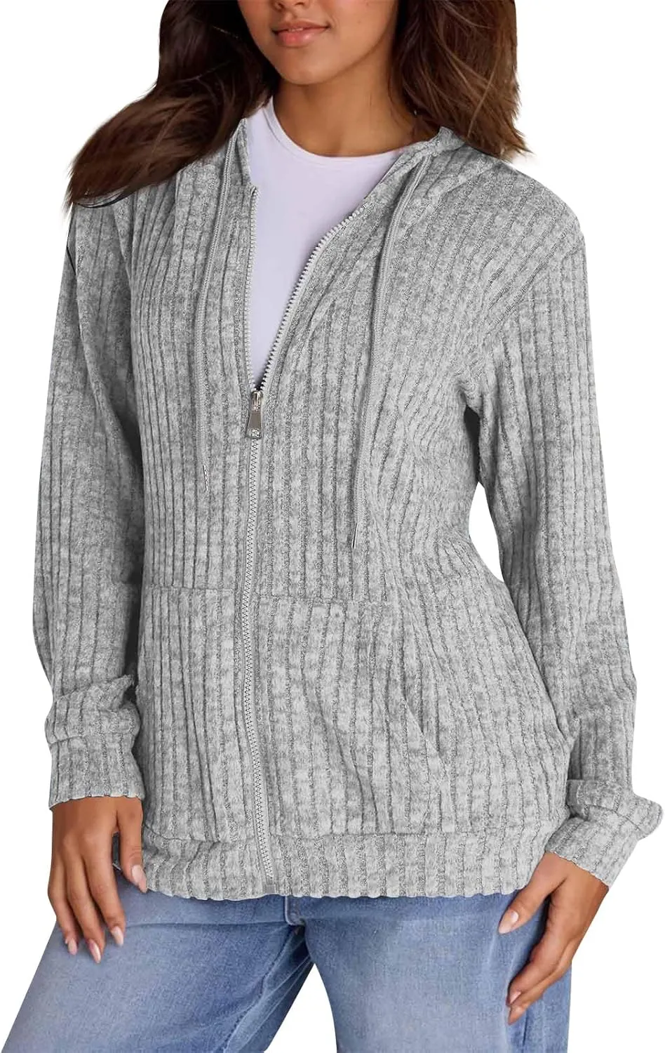 Zip Up Hoodie Women Oversized Zip Up Sweaters Casual Drawstring Lightweight Knit Athletic Zip Up Jackets with Pockets