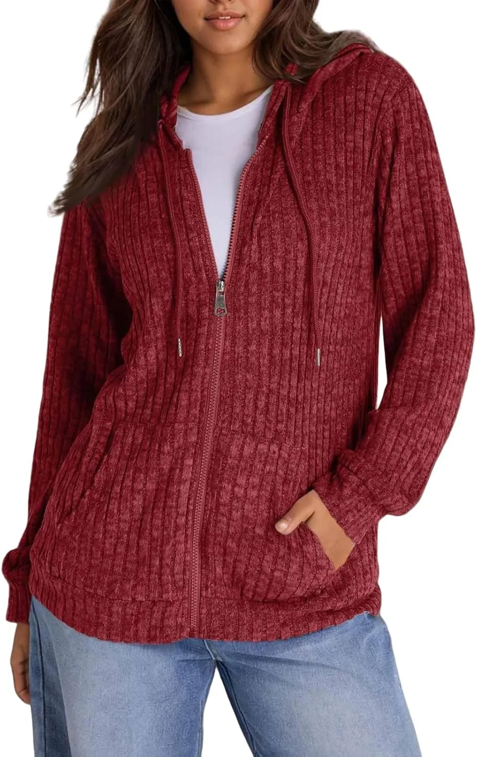 Zip Up Hoodie Women Oversized Zip Up Sweaters Casual Drawstring Lightweight Knit Athletic Zip Up Jackets with Pockets