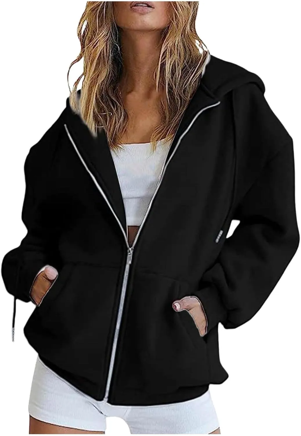Zip Up Hoodies for Women Y2K Casual Long Sleeve Preppy Sweatshirt Solid Oversized Trendy Zipper Jackets Coats with Pockets Zip Up Hoodies for Women,Black,L