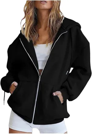 Zip Up Hoodies for Women Y2K Casual Long Sleeve Preppy Sweatshirt Solid Oversized Trendy Zipper Jackets Coats with Pockets Zip Up Hoodies for Women,Black,L
