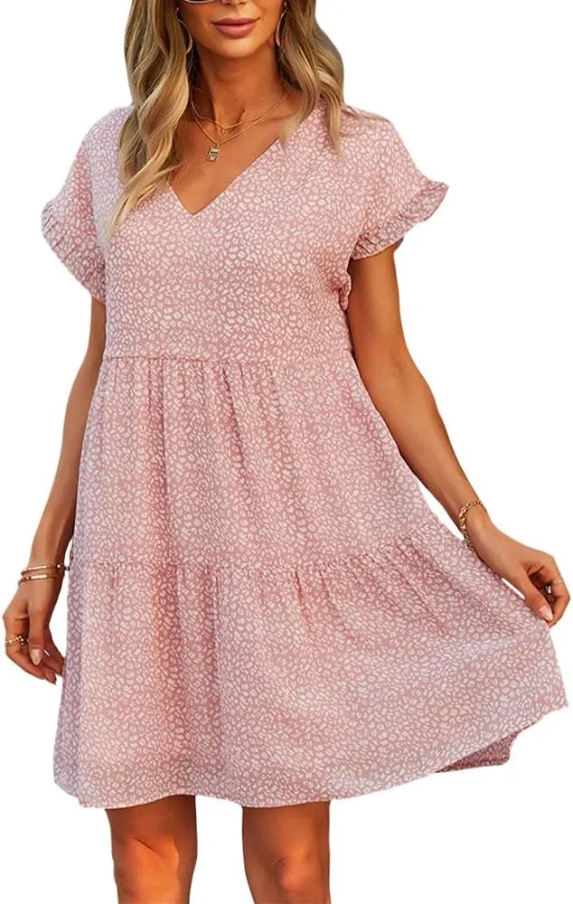 ZOCAVIA Women's Summer Boho Floral Mini Dress Wrap V Neck Ruffle Cap Sleeve A-Line Dresse Flowy Sun Dress Beach Dress