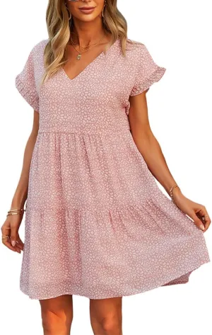 ZOCAVIA Women's Summer Boho Floral Mini Dress Wrap V Neck Ruffle Cap Sleeve A-Line Dresse Flowy Sun Dress Beach Dress