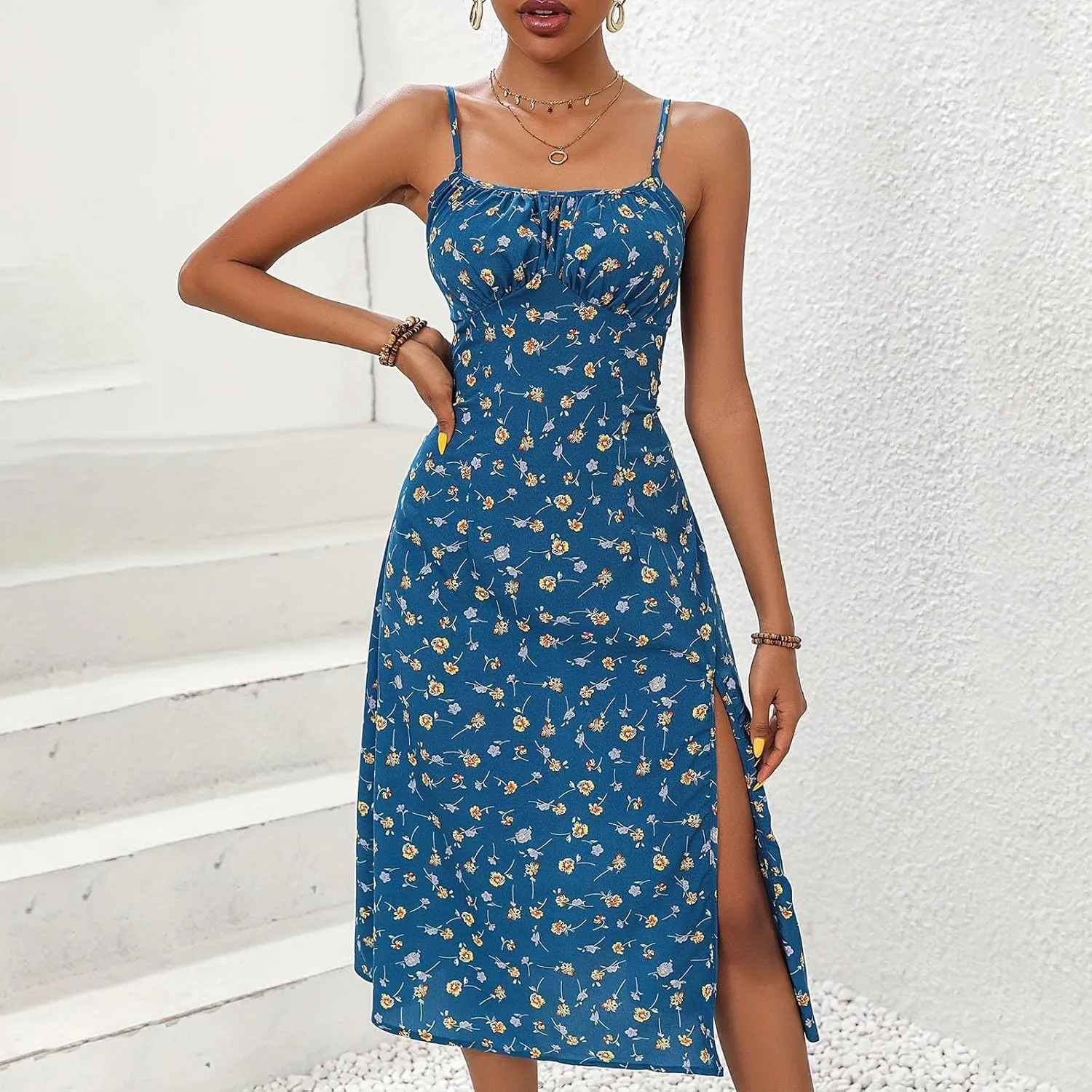 ZYXTIM Spaghetti Strap Dress for Women 2025 Summer Split Thigh Midi Floral Dresses High Waist Slim Vacation Beach Sexy Dress