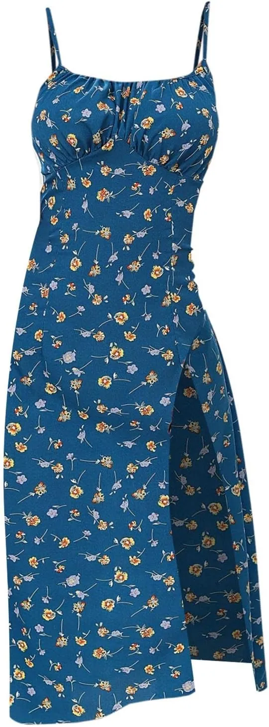 ZYXTIM Spaghetti Strap Dress for Women 2025 Summer Split Thigh Midi Floral Dresses High Waist Slim Vacation Beach Sexy Dress