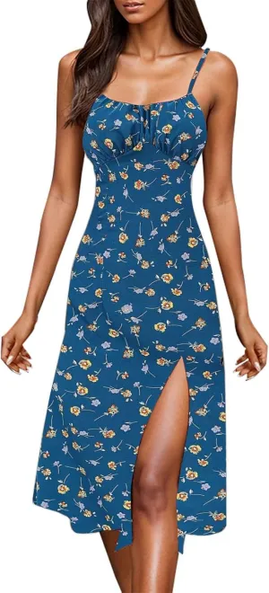 ZYXTIM Spaghetti Strap Dress for Women 2025 Summer Split Thigh Midi Floral Dresses High Waist Slim Vacation Beach Sexy Dress