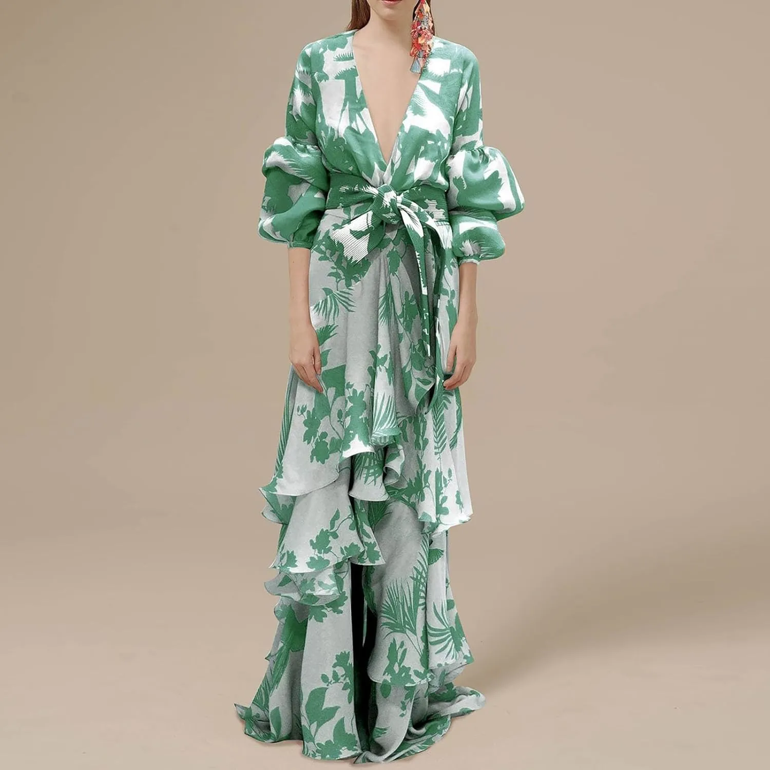 ZYXTIM Womens 2024 Fashion Prom Dress Elegant V Neck Floral Print Puffer Long Sleeve Layered Tiered Chiffon Beach Party Dress